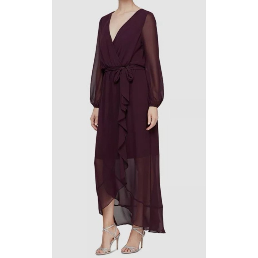 NWT SLNY Cocktail Long Sleeve Dress Plum Purple Wrap Chiffon Size 18 Evening‎
